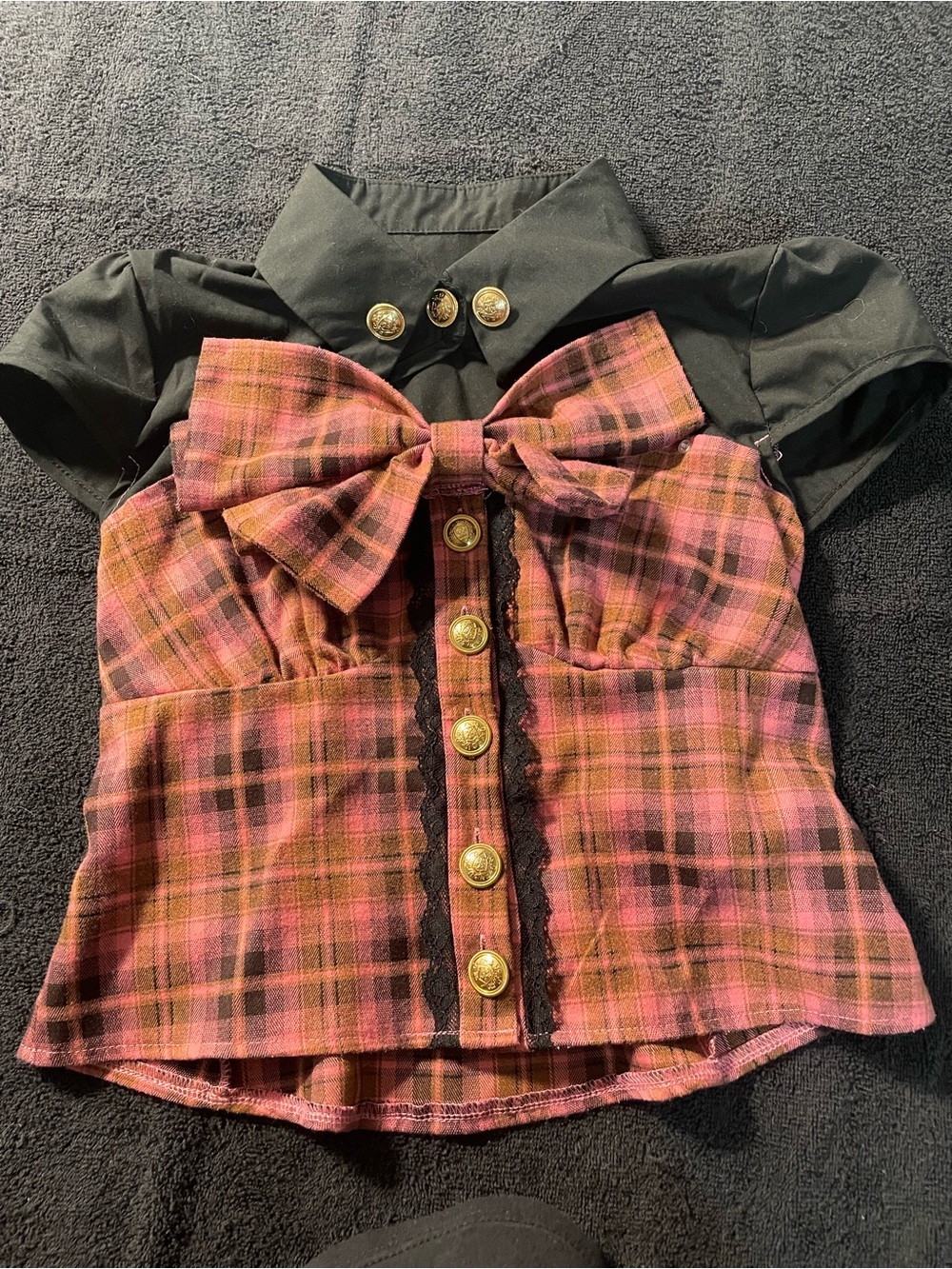 ROMWE Pink Plaid Bow Front Blouse with Black Collar